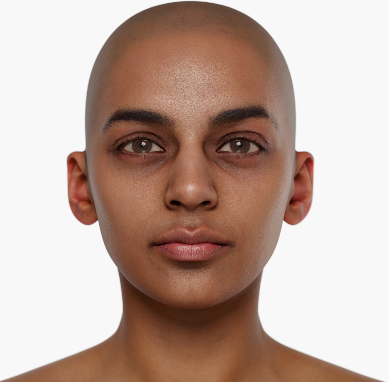 High-resolution head scan render of a slim female 3D model with smooth skin and fine surface detail